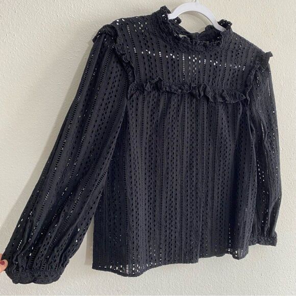 Madewell Mockneck Eyelet Ruffle Long Sleeve Peasant Top Size S Black Fairy Goth - Picture 9 of 11